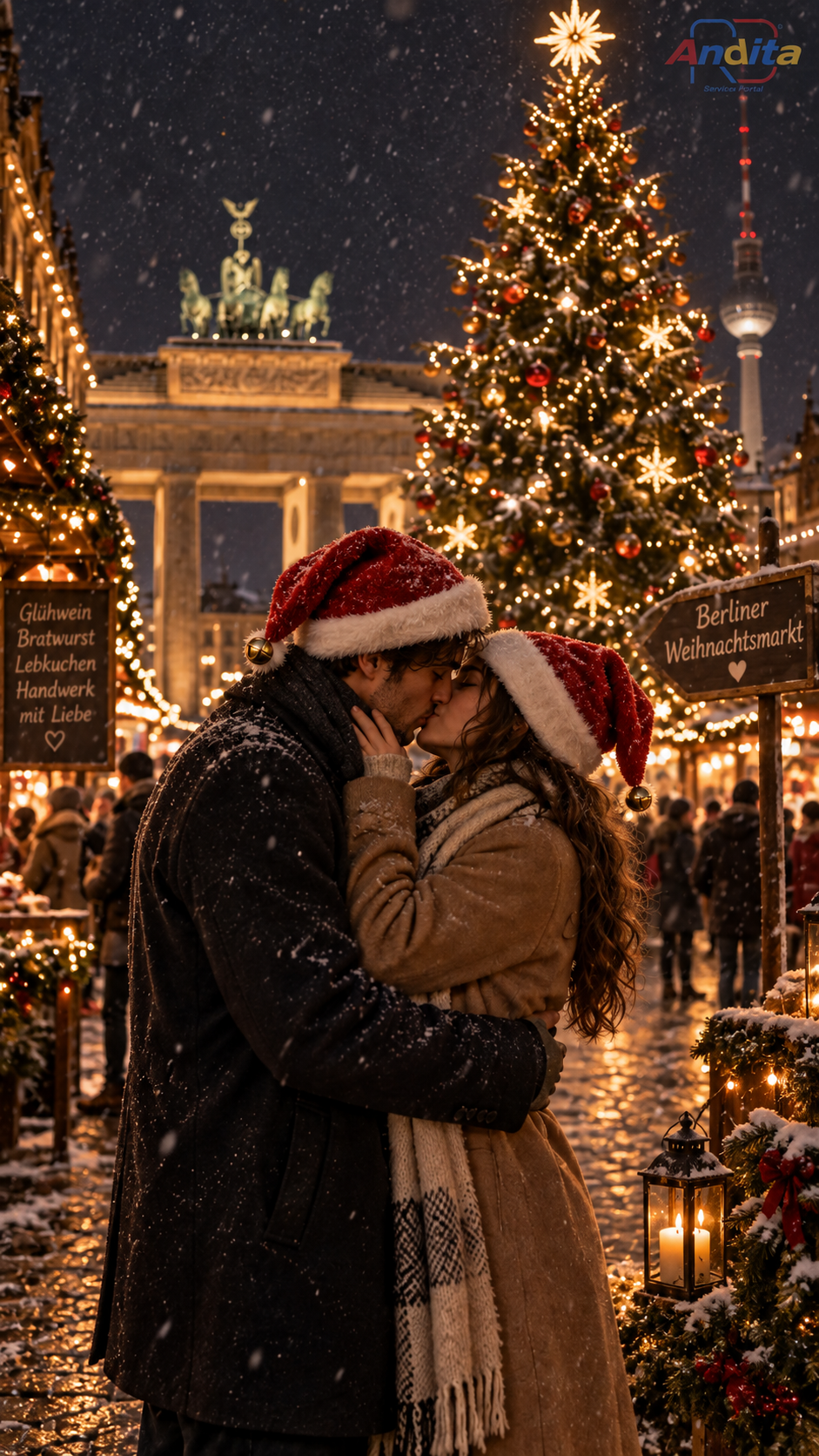 Weihnachtscalender 2026 mit einem küssenden Paar auf einem verschneiten Berliner Weihnachtsmarkt