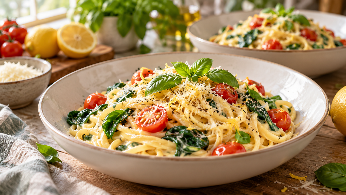 Cremige Zitronen-Pasta mit Spinat und Tomaten