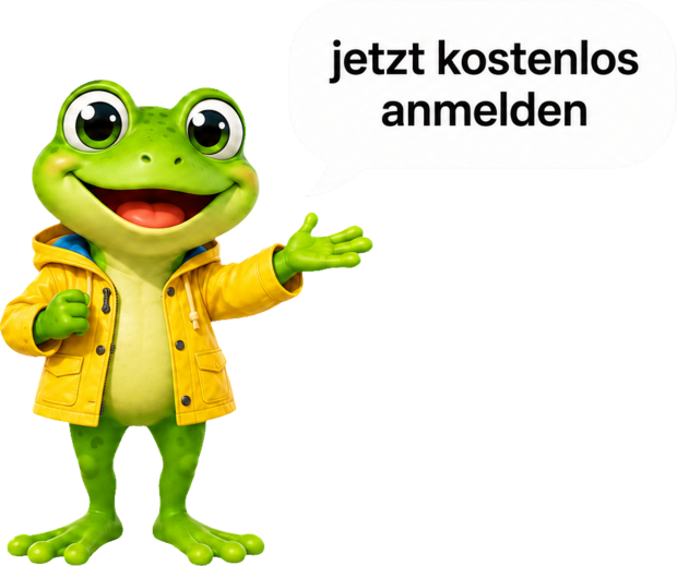 Frosch mit Sprechblase: jetzt kostenlos anmelden