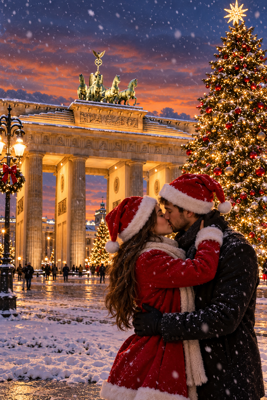 Verschneites Brandenburger Tor mit geschmücktem Weihnachtsbaum und küssendem Paar